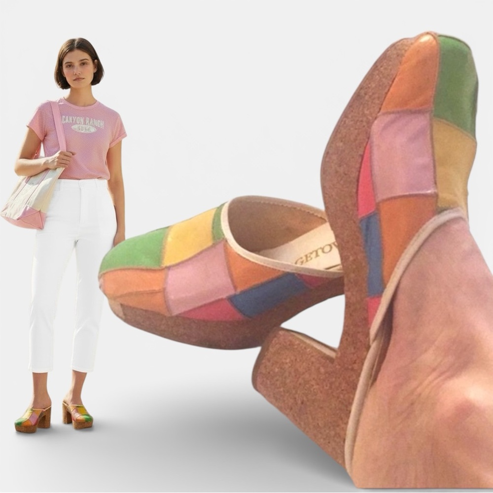VINTAGE SHOES 70s GEORGETOWNERS Mules Cork Platform Heel Leather Colorblock 6N